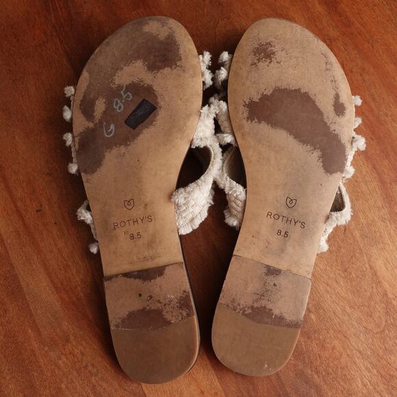 Rothy's Sandals Womens SZ 8.5 BLK White Sea Shell Fringe Slip On Slide Flat Shoe - Picture 7 of 10